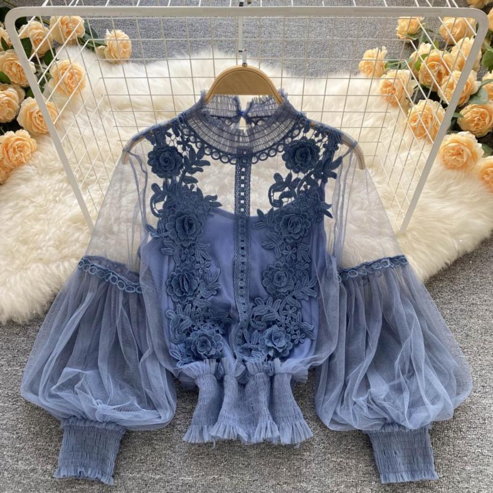 Summer Clothing Vintage - Blus Lengan Panjang Puff Renda 2