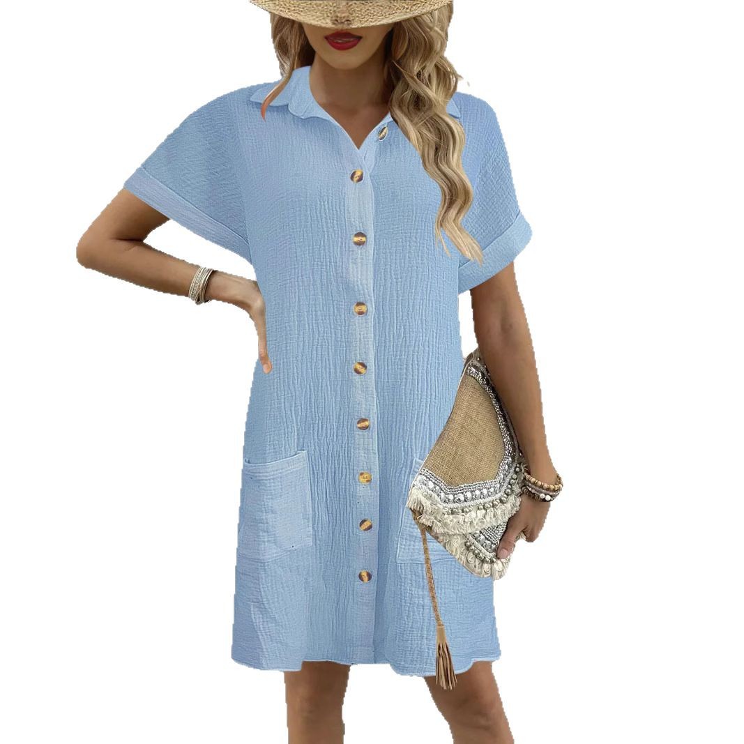 Summer Clothing Amazon - Gaun kemeja wanita kasual warna polos