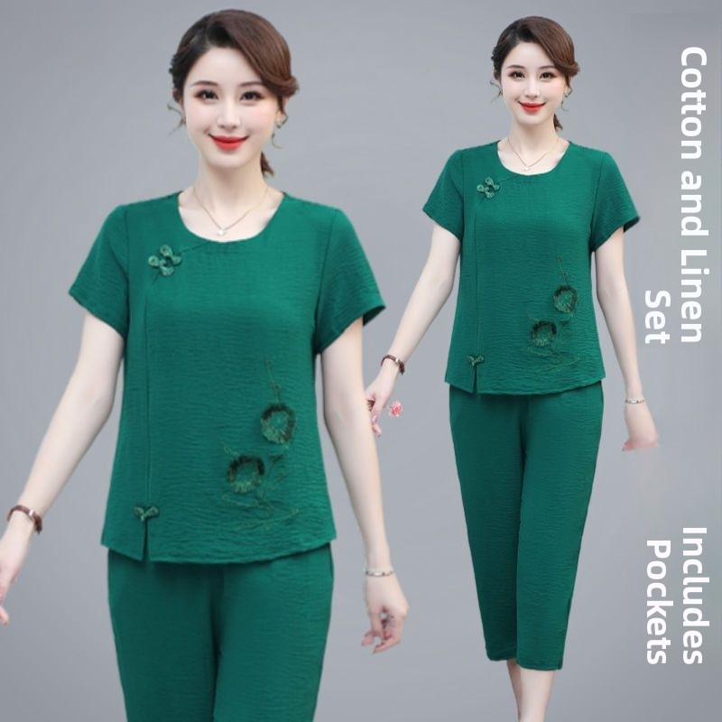 Summer Clothing Over 60 - Setelan Ibu Lengan Pendek Katun Linen