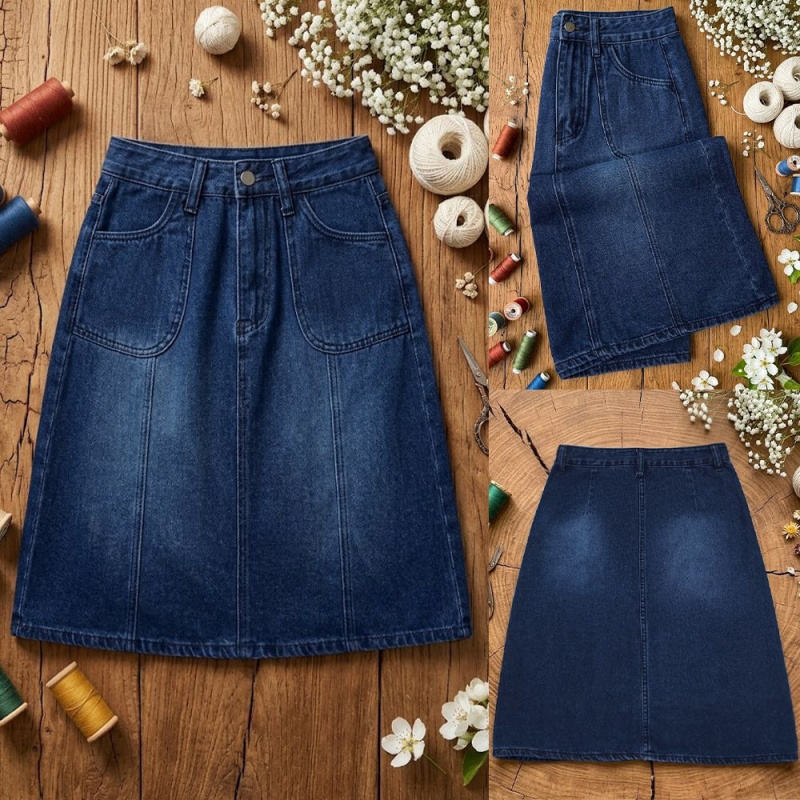 Summer Quilt - Rok Denim Wanita High-Waisted Mid-Length A-Line