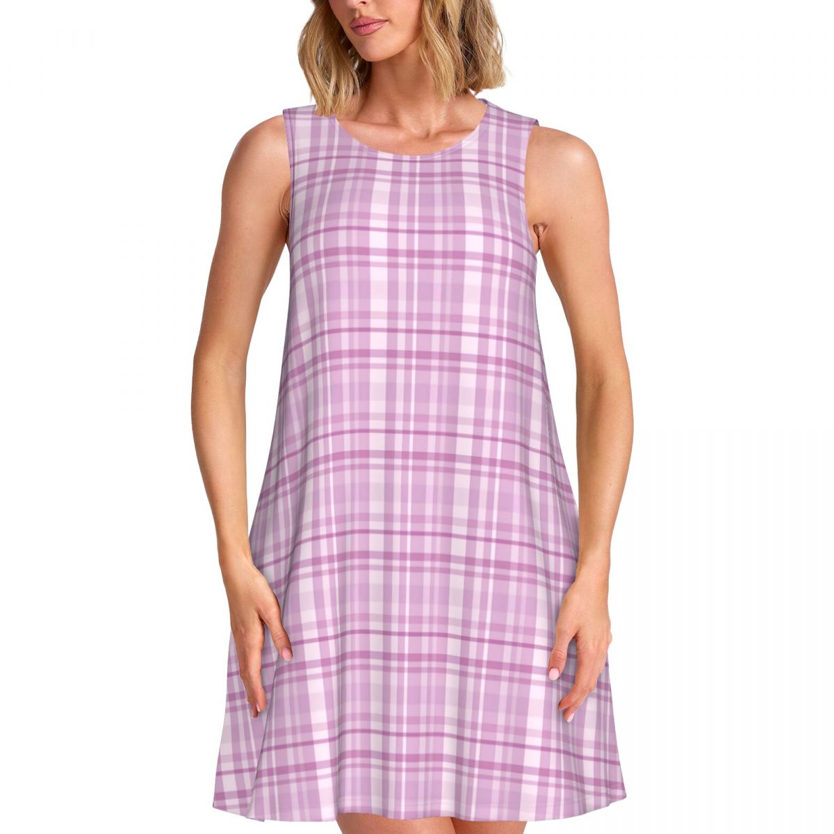 Summer Clothing Ideas For Women - Gaun Kasual Kotak-kotak Ungu dengan Motif