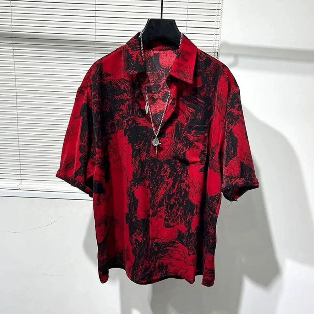 Summer Vacation Clothing Men - Kemeja pria kemeja lukisan pemandangan merah