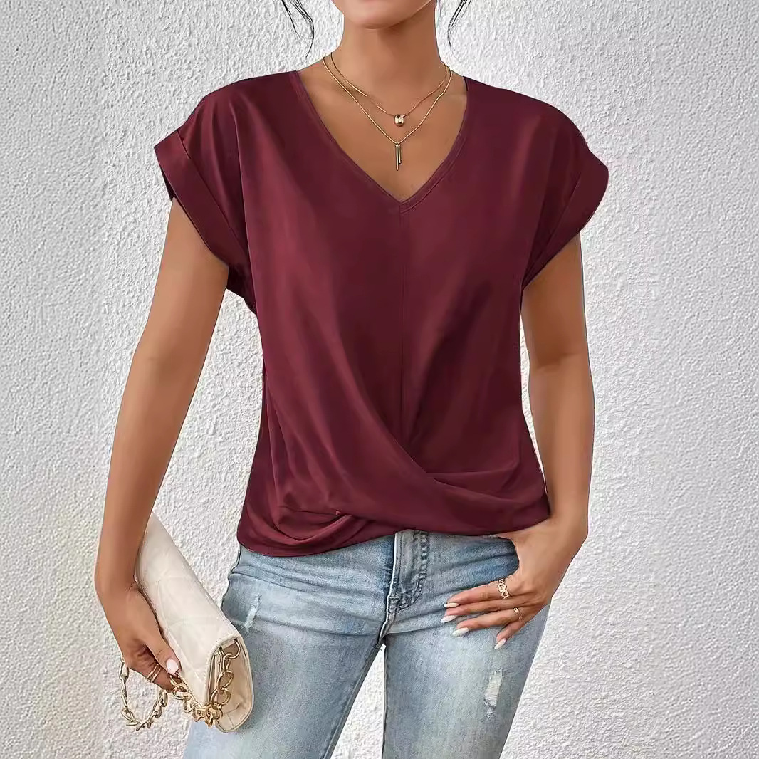 Summer Clothing For 70 Year Old Woman - Kaos wanita 2026 fashion Solid V-neck