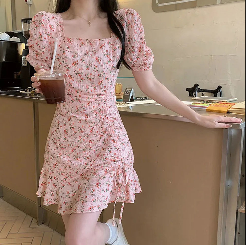 Gaun Mini tali serut bunga mus - Summer Clothing For 70 Year Old Woman ulasan dan harga